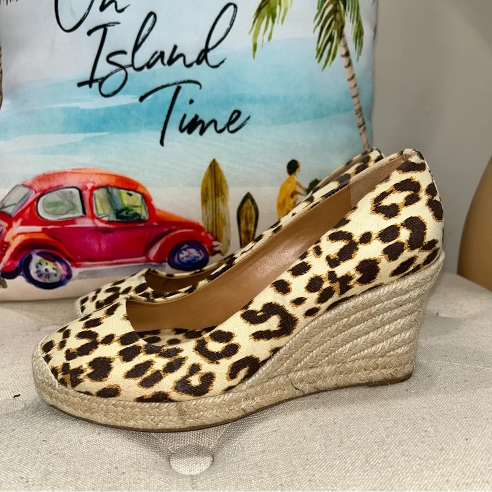 J.Crew Women'S Seville Brown/Beige Leopard Canvas Espadrille Wedges Shoes - Picture 3 of 12